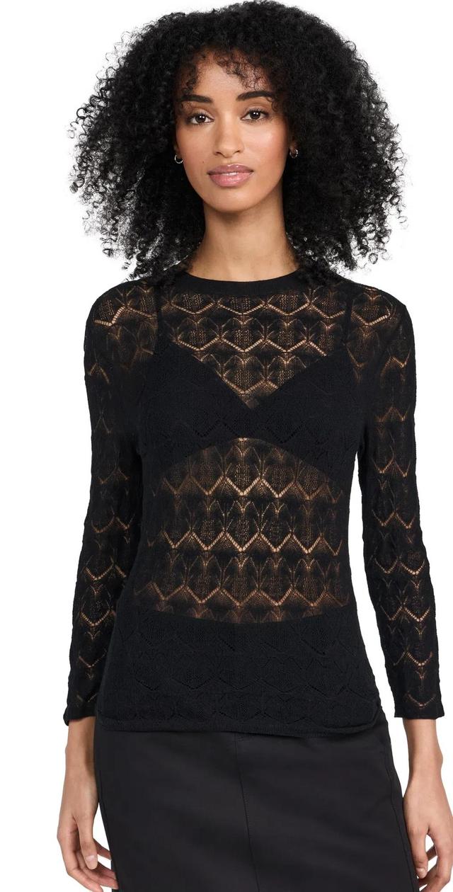 Fine Lace 3/4 Sleeve Crew Neck Top Black Product Image