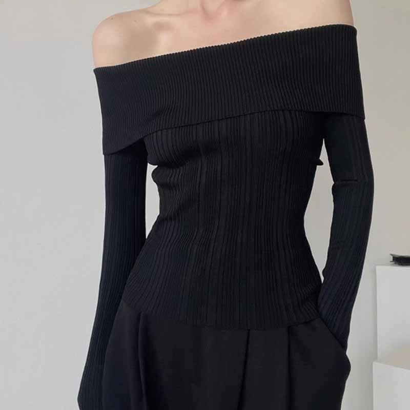 Long-Sleeve Off-Shoulder Plain Ribbed Slim Fit Crop Knit Top Product Image