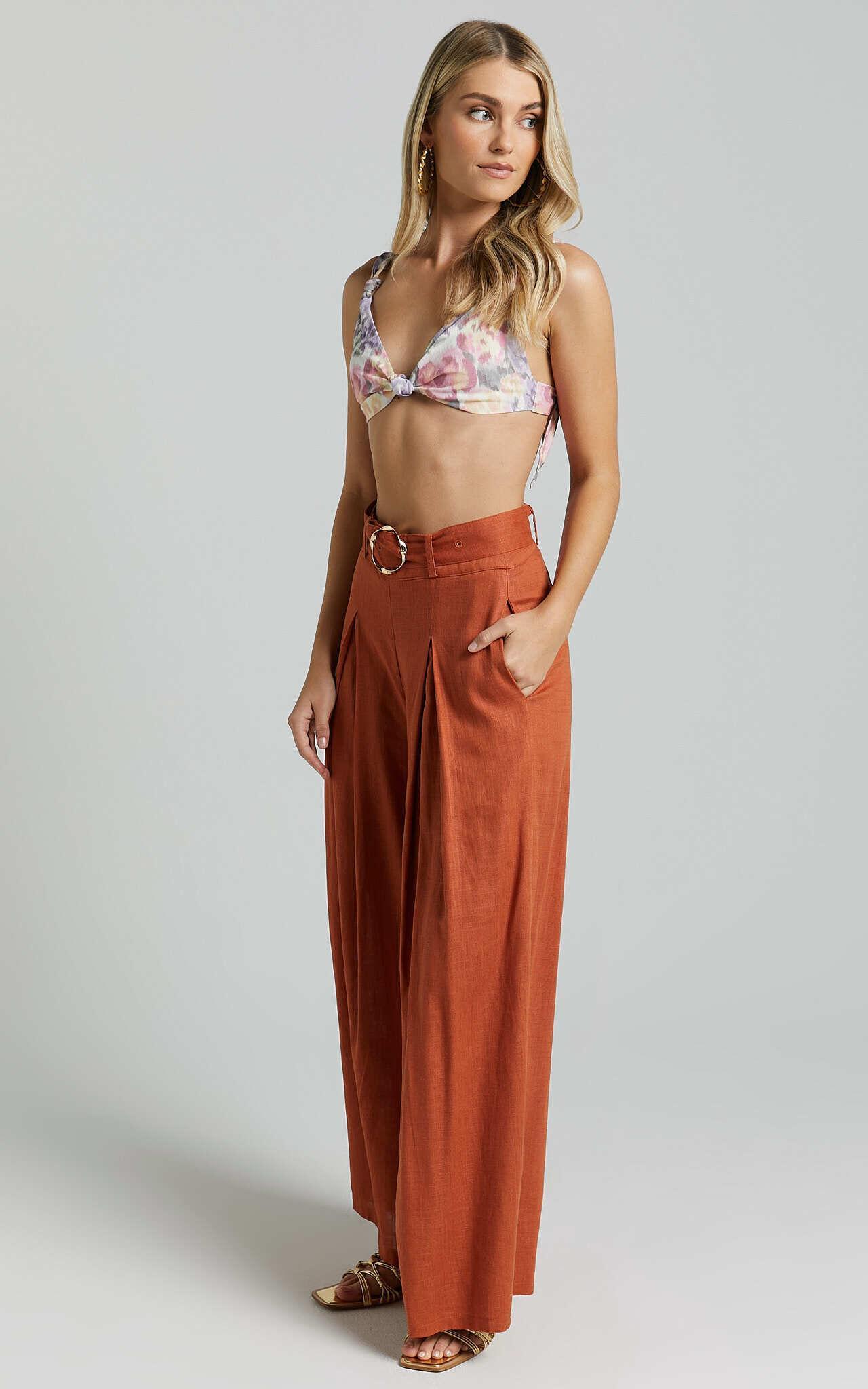 Amalie The Label - Reine Linen Blend High Waisted Wide Leg Pleat Pants in Burnt Sienna Product Image