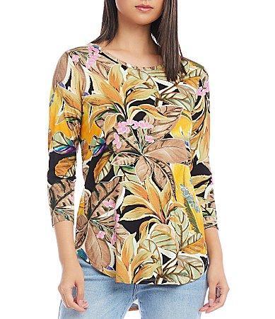 Karen Kane Petite Size Tropical Floral Print Knit Scoop Neck 34 Sleeve Shirttail Hem Top Product Image