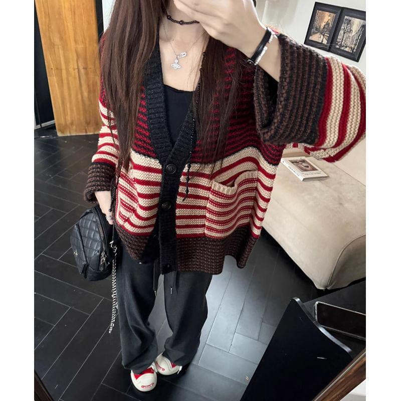 V-Neck Striped Button-Up Cardigan Product Image