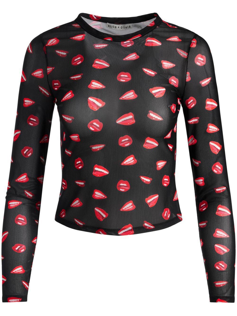 ALICE AND OLIVIA A+o X Tom Wesselmann Delaina Mesh Long Sleeve Top In Lip Sync Black Product Image