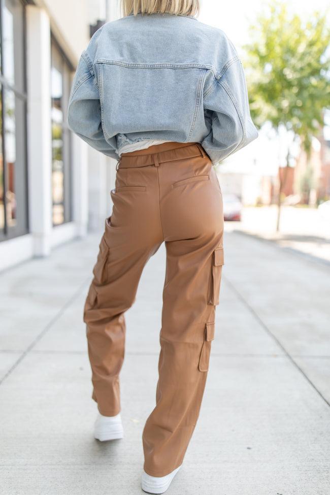 Follow My Lead Camel Faux Leather Cargo Pants FINAL SALE Product Image