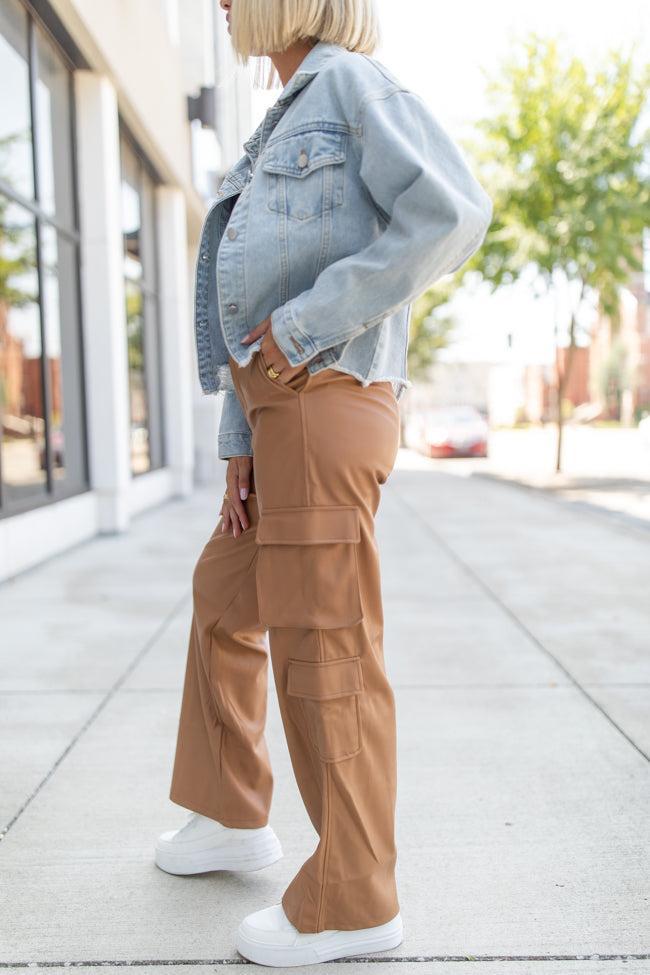 Follow My Lead Camel Faux Leather Cargo Pants FINAL SALE Product Image