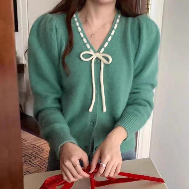 V-Neck Ribbon Front Sweater Product Image