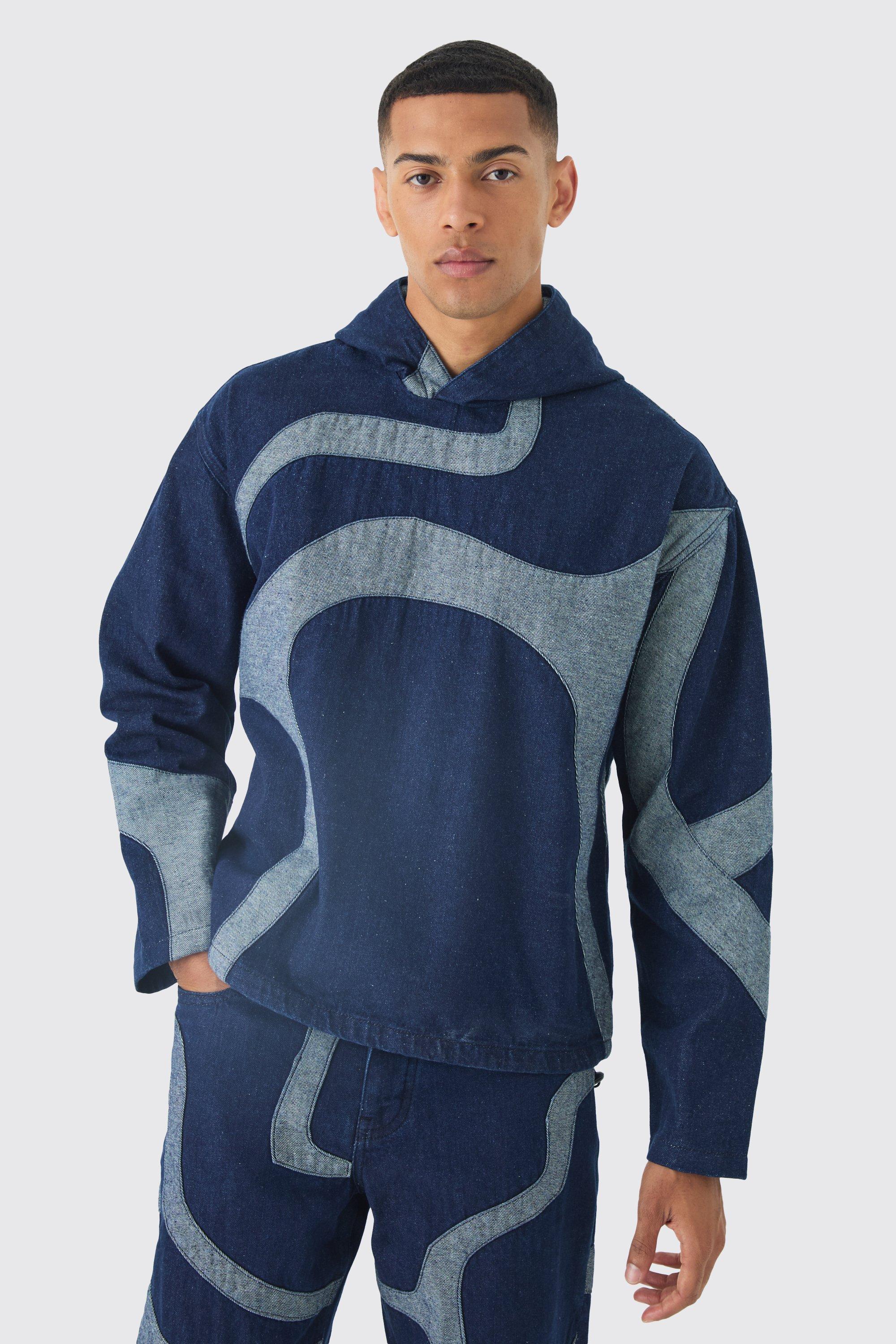 Boxy Denim Patchwork Applique Hoodie | boohooMAN USA Product Image