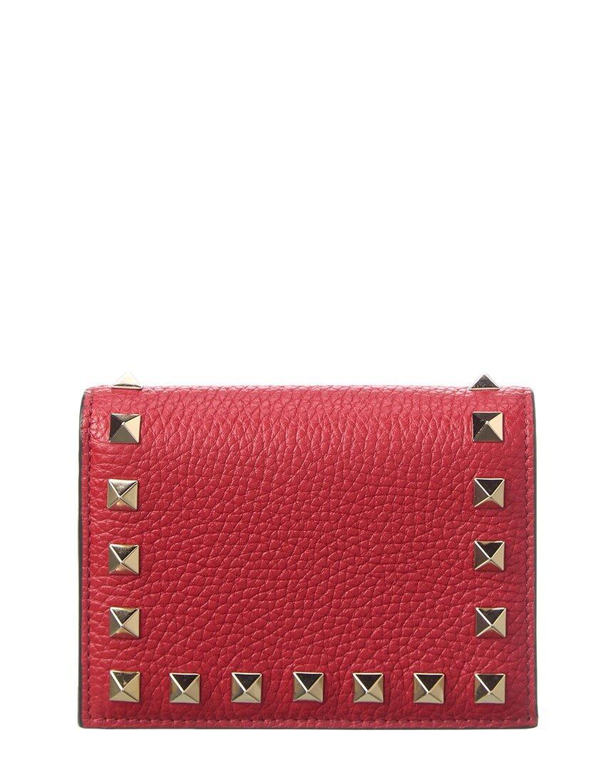 Valentino Rockstud Grainy Leather Card Holder In Red Product Image