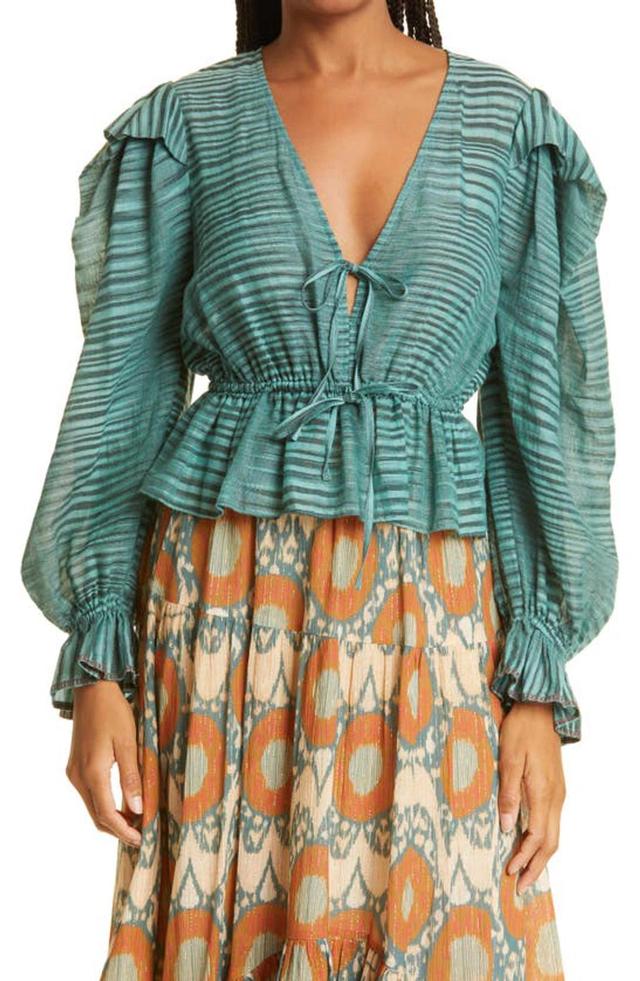 Ophelia Gathered Striped Cotton-voile Peplum Blouse In Blue Product Image