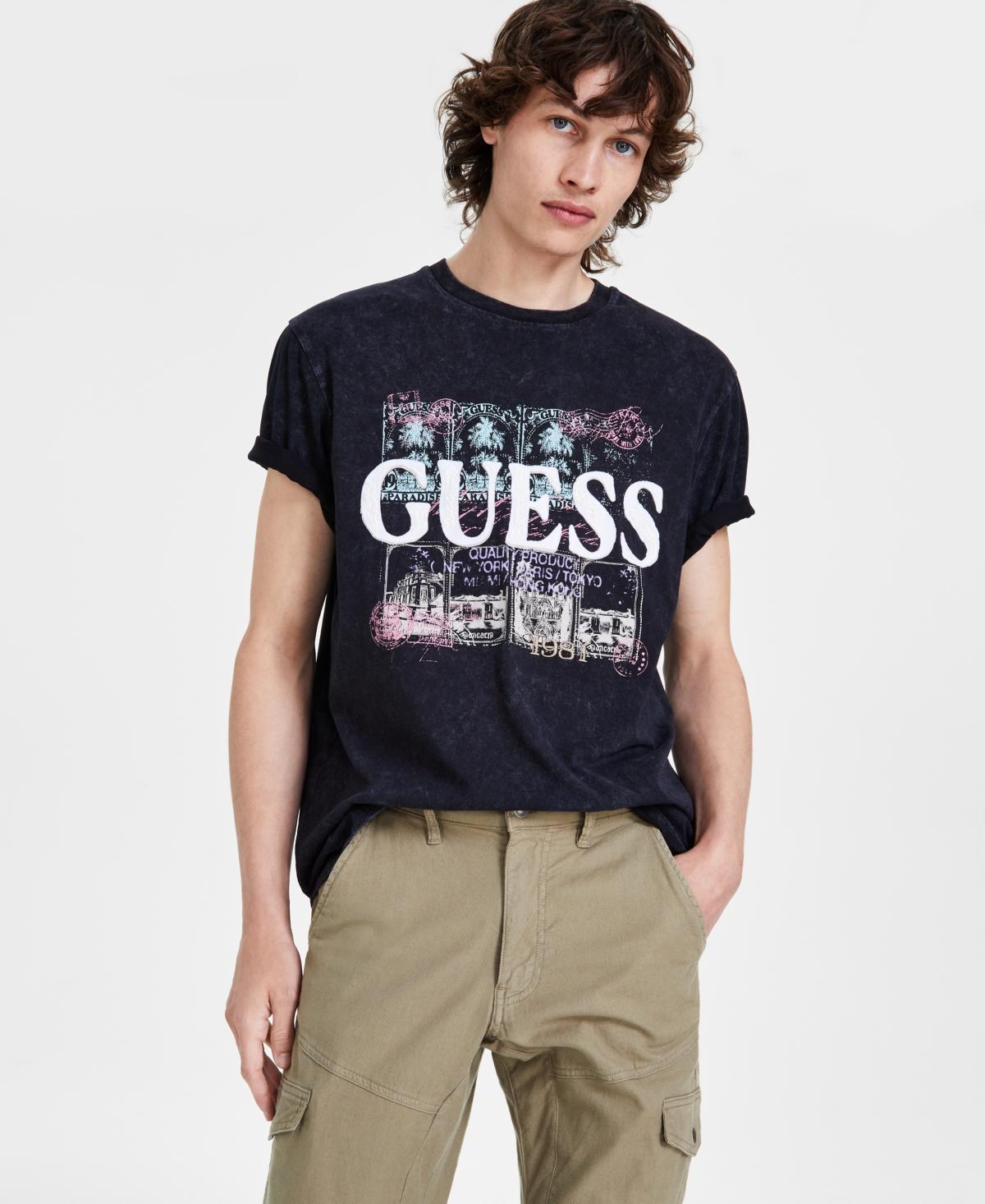 Guess Mens World Stamps Regular-Fit Logo Graphic T-Shirt Product Image