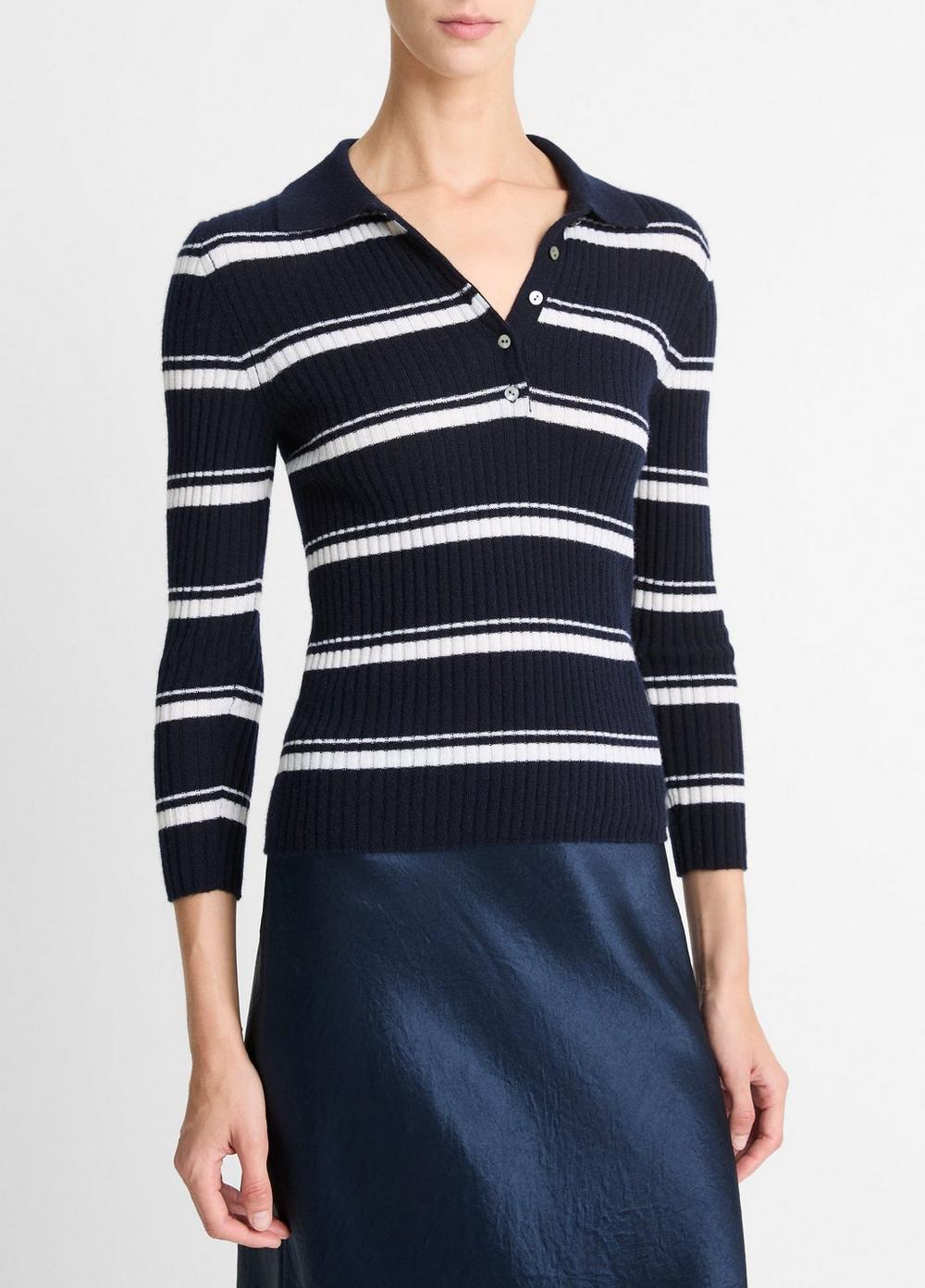 Womens Striped Cashmere-Blend Polo Sweater, Coastal Blue/off White, Size L Vince Product Image