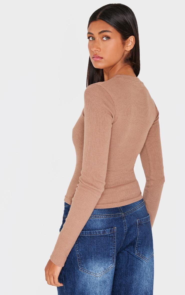 PRETTYLITTLETHING Taupe Ribbed Embroidered Long Sleeve T Shirt Product Image