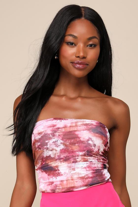 Flirty Focus Pink Multi Abstract Print Mesh Strapless Crop Top Product Image