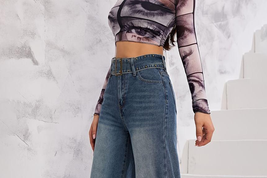 High Waist Washed Wide Leg Jeans Product Image