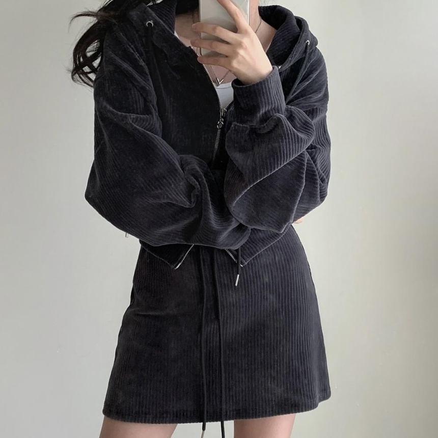 Set: Hooded Corduroy Zip-Up Jacket + Mini Skirt Product Image