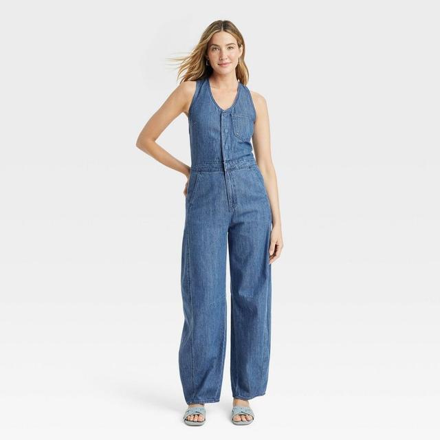 Womens Curved Leg Denim Jumpsuit - Universal Thread Medium Wash Product Image