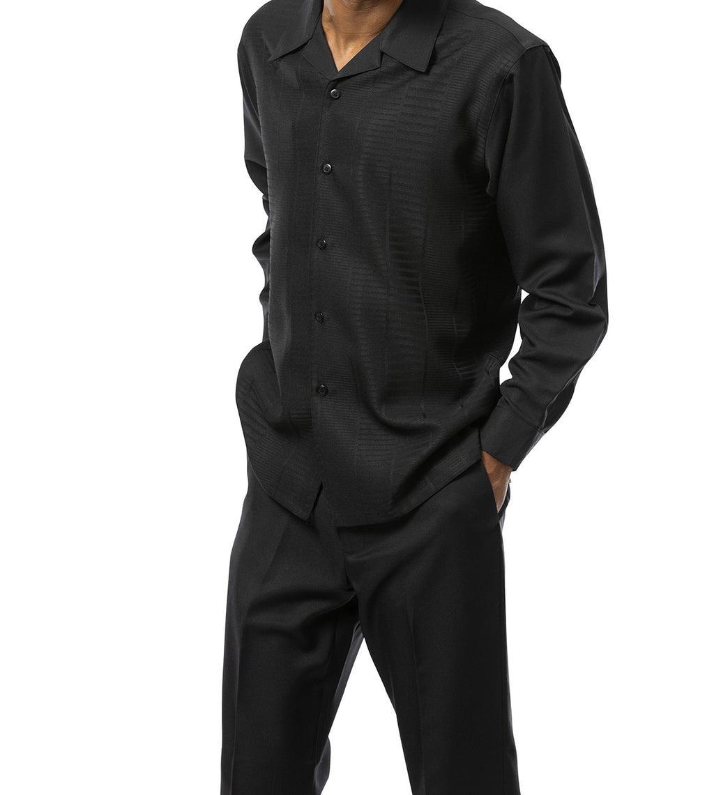 Black Tone-on-Tone Design 2 Piece Long Sleeve Walking Suit Set Product Image