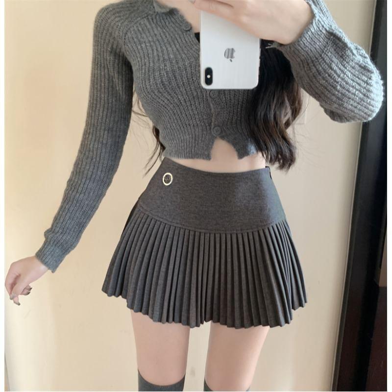 High Waist Plain Pleated Mini A-Line Skirt Product Image