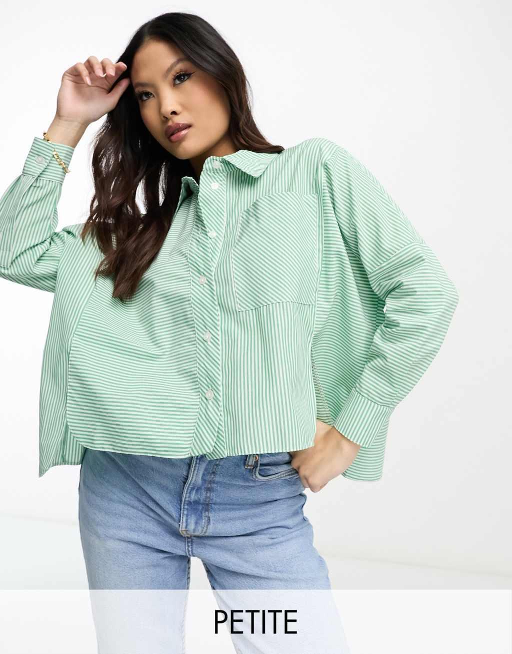 River Island Petite cropped shirt in green stripe Product Image