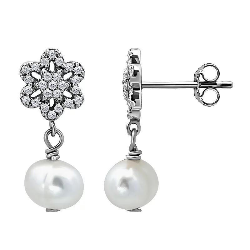 Aleure Precioso Sterling Silver Freshwater Cultured Pearl Drop & Pave Cubic Zirconia Star Post Earrings, Womens, White Product Image