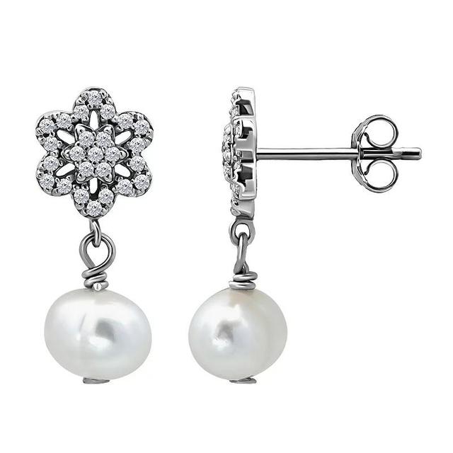 Aleure Precioso Sterling Silver Freshwater Cultured Pearl Drop & Pave Cubic Zirconia Star Post Earrings, Womens, Silver Tone Product Image