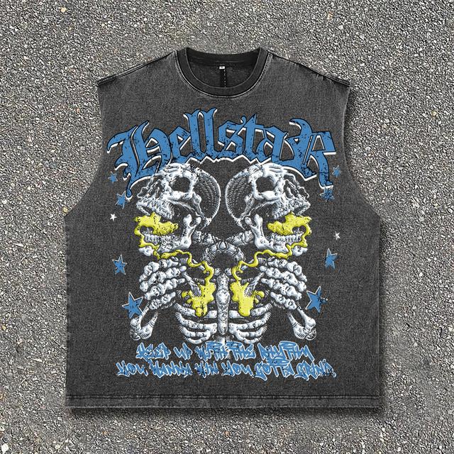 Street Hellstar Flame Skeleton Star Print Vintage Wash Sleeveless Tank Top Product Image