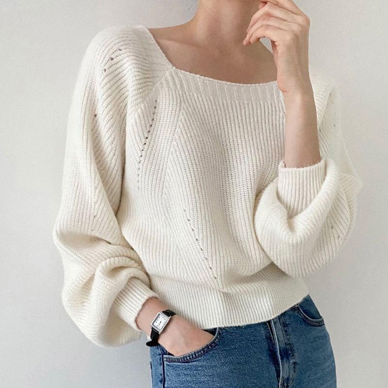 Square Neck Ribbed Pointelle Sweater Product Image