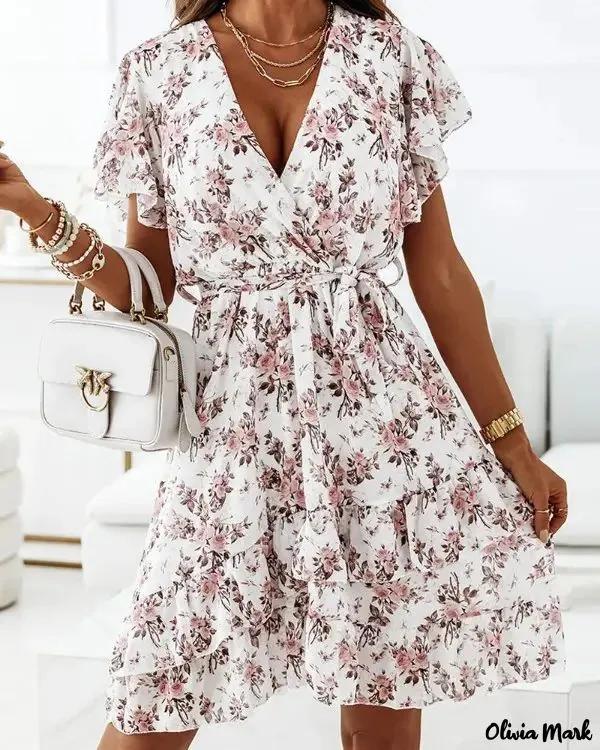 Olivia Mark – Floral Print Flounce Sleeve Ruffle Hem Dress Product Image