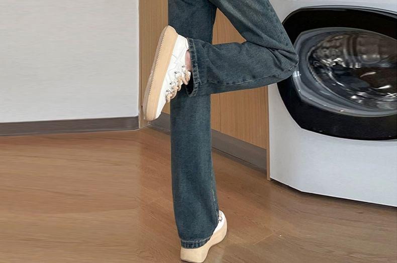 High Rise Two Tone Washed Straight Leg Jeans Product Image