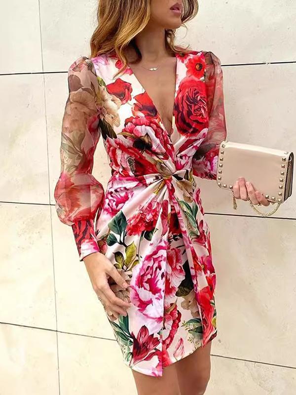 Bodycon Long Sleeves Flower Print Knot Mesh Split-Joint Deep V-Neck Mini Dresses product image