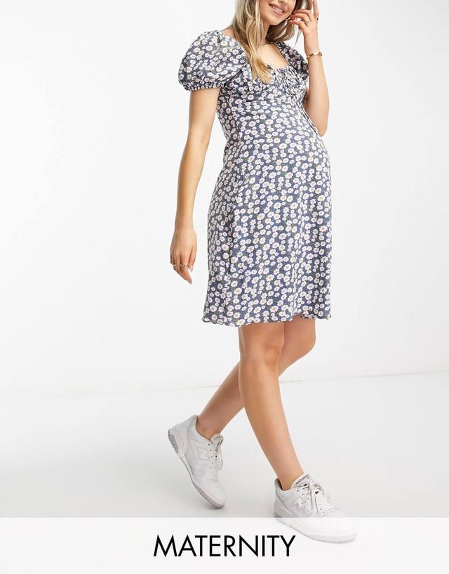 Glamorous Maternity milkmaid mini tea dress in blue daisy Product Image