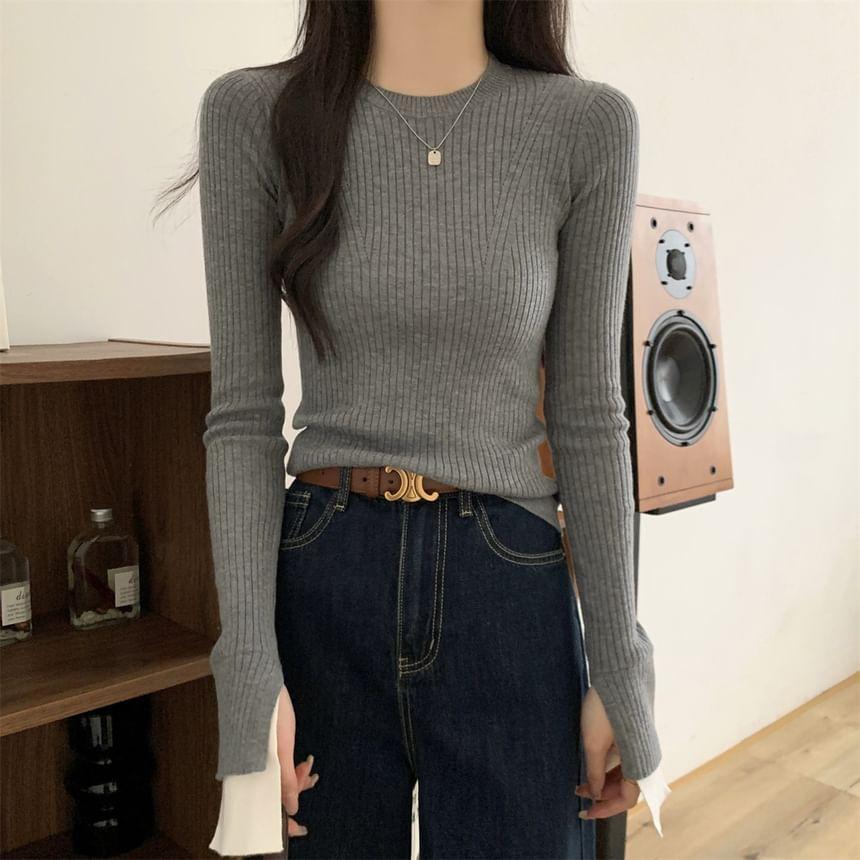 Long Sleeve Crew Neck Two Tone Panel Ribbed Knit Top Product Image