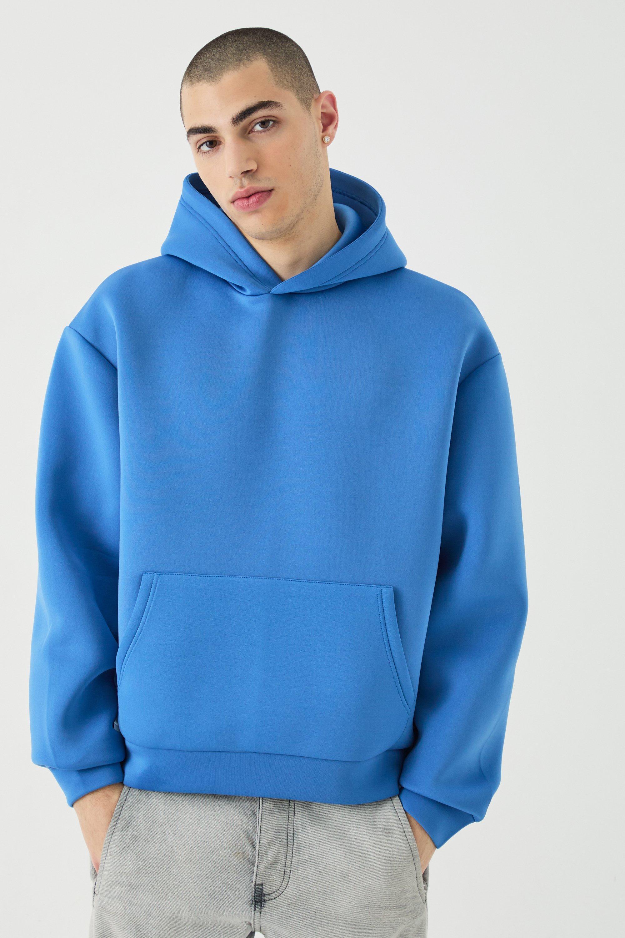 Mens Blue Oversized Boxy Bonded Scuba Hoodie, Blue Product Image