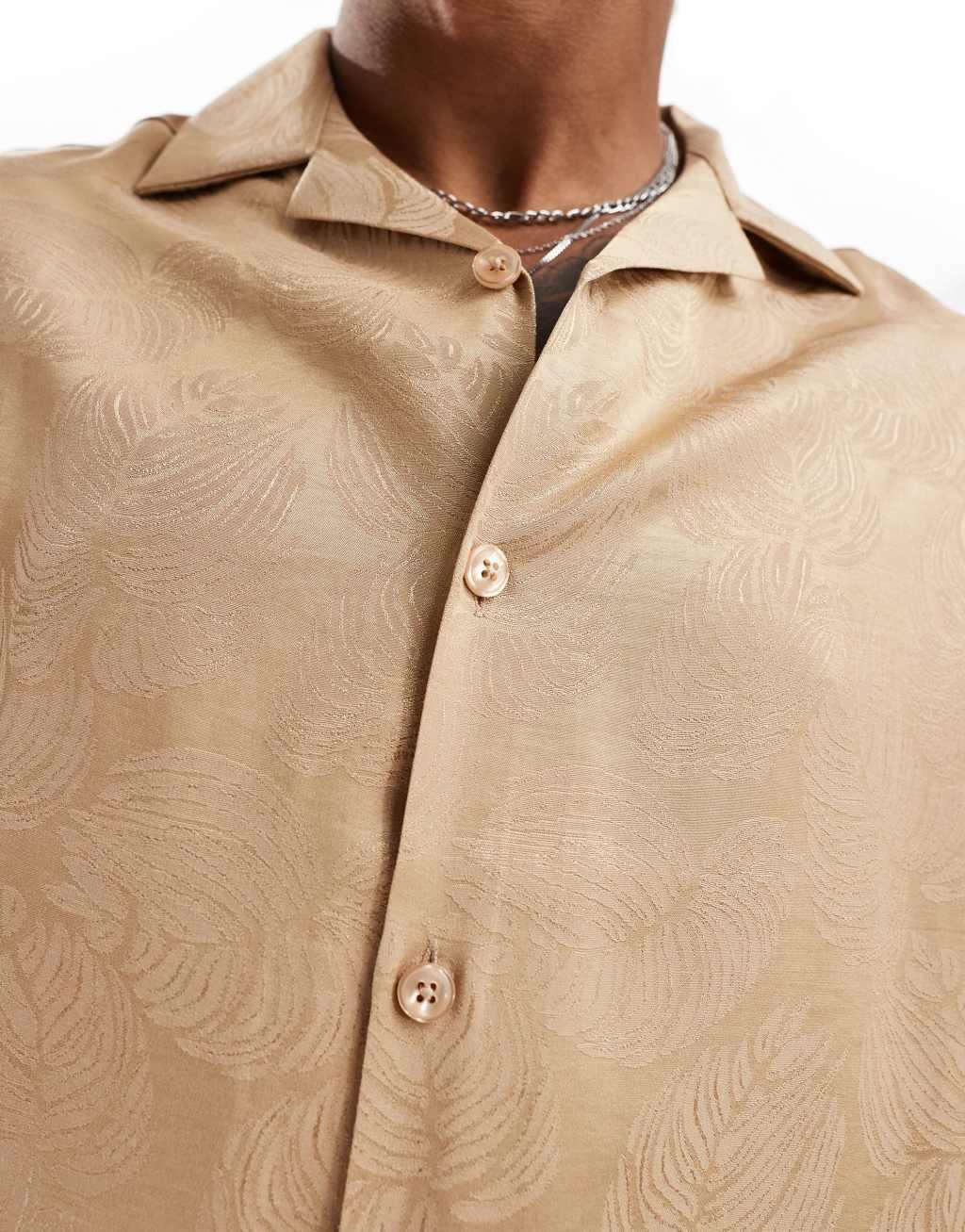 ASOS DESIGN short sleeve relaxed revere shirt in beige leafy jacquard Product Image