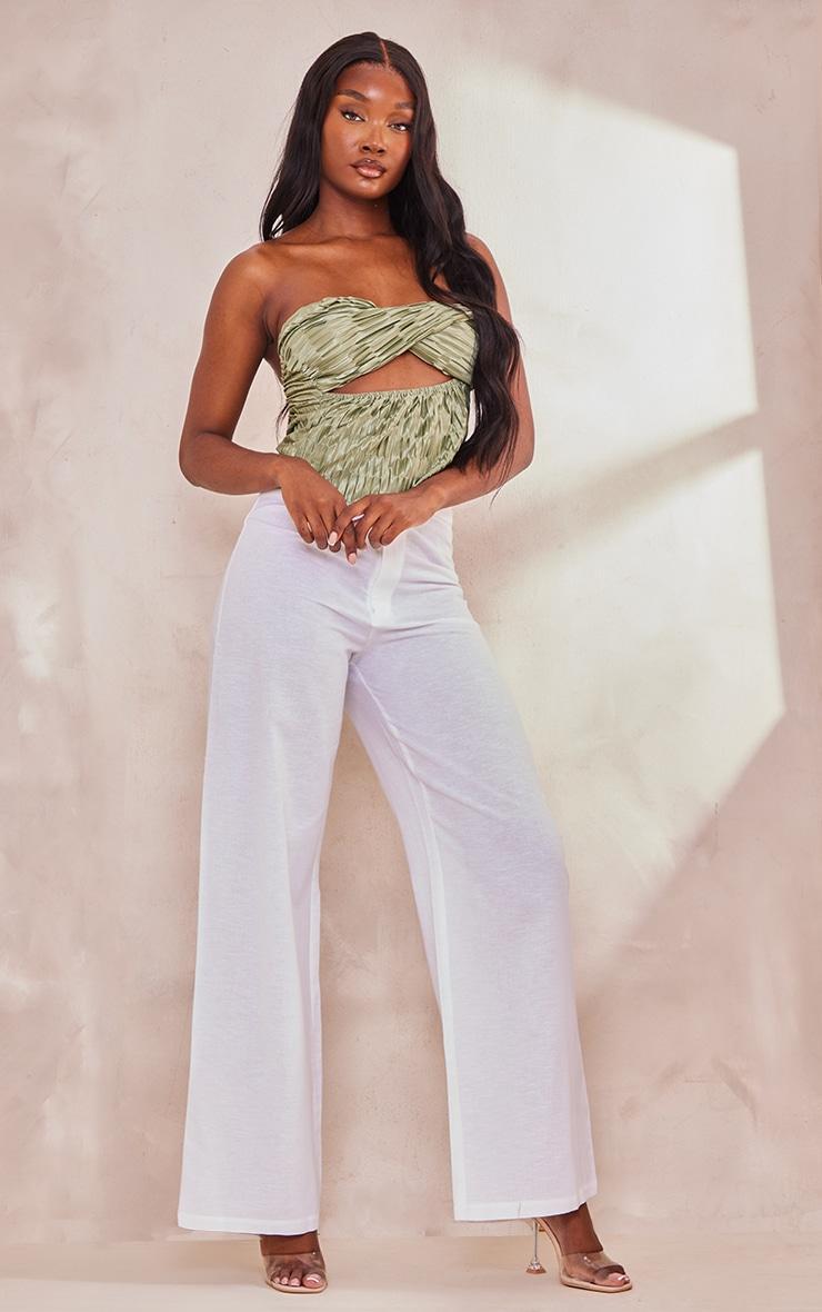 Tall Olive Satin Textured Bandeau Crop Top Product Image