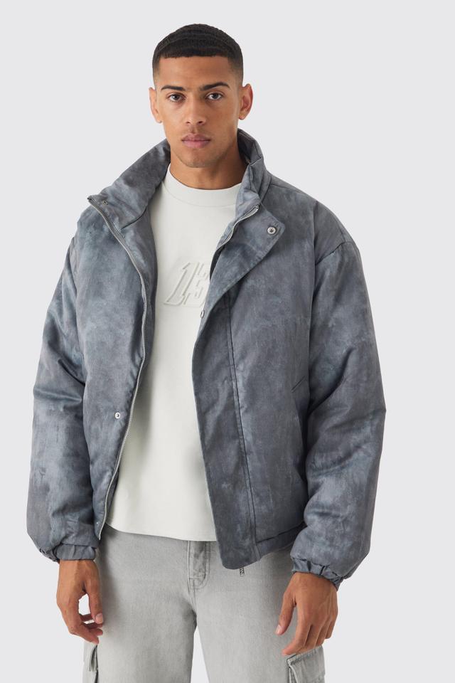 Mens Boxy Washed Funnel Neck Padded Jacket In Grey, Grey Product Image