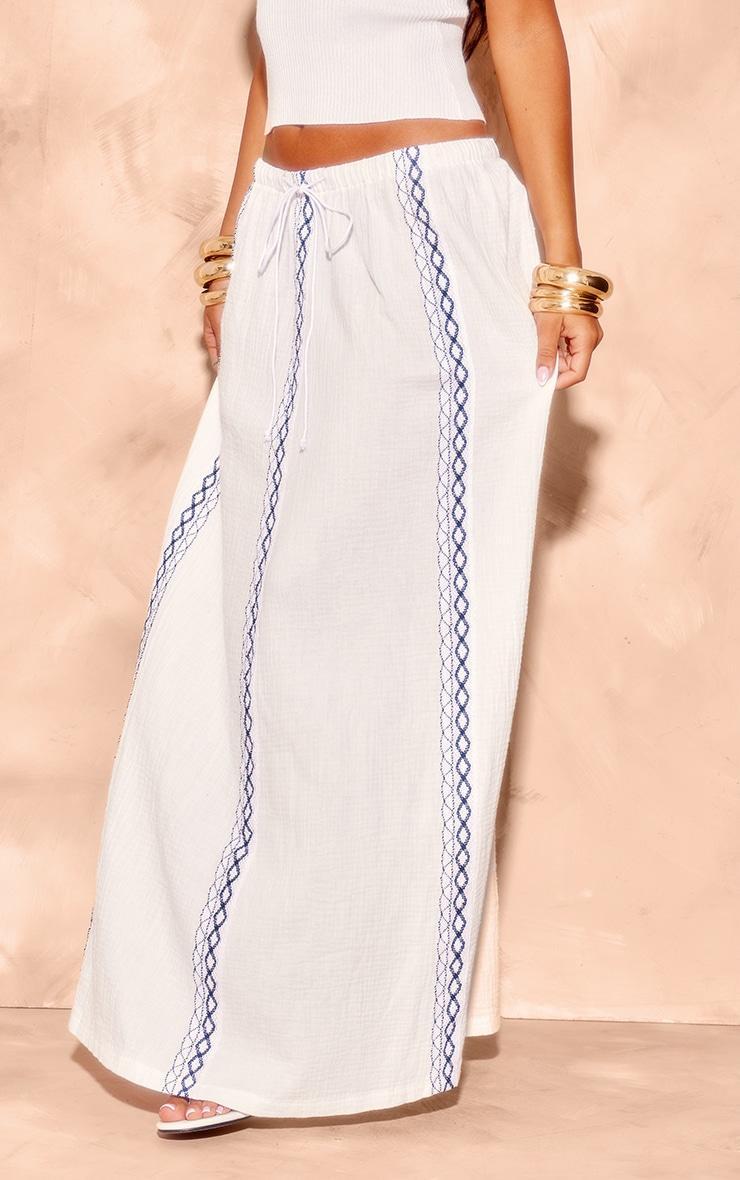 White Embroidered Cheesecloth Drawstring Maxi Skirt Product Image