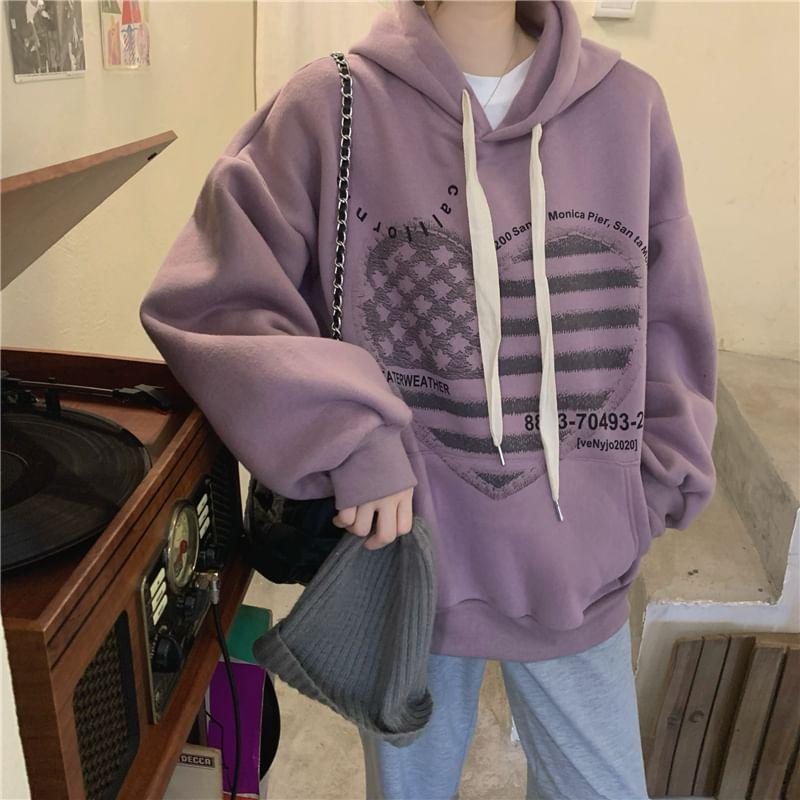 Heart Print Drawstring Fleece-Lined Hoodie Product Image