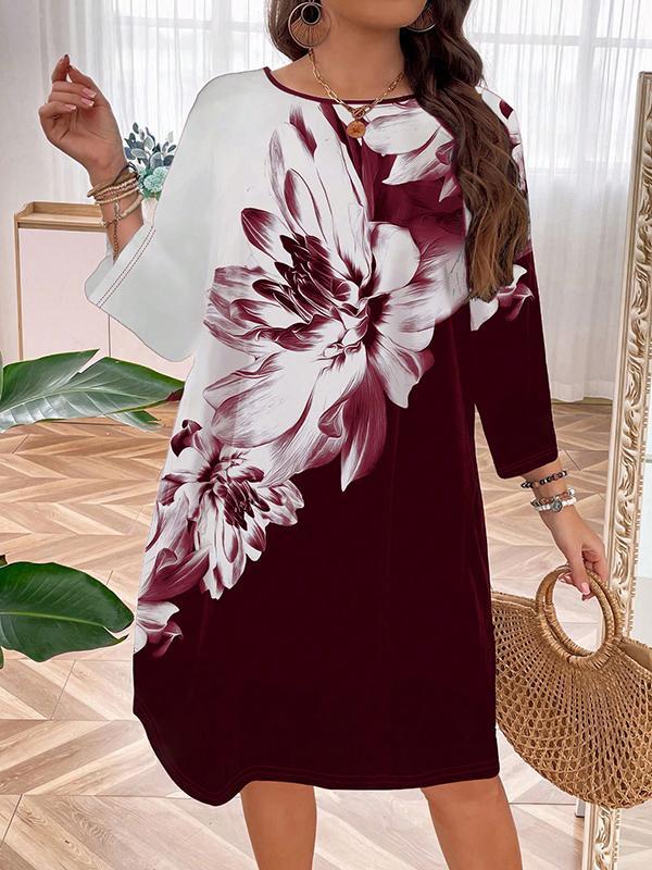 A-Line Long Sleeves Flower Print Split-Joint Round-Neck Midi Dresses Product Image