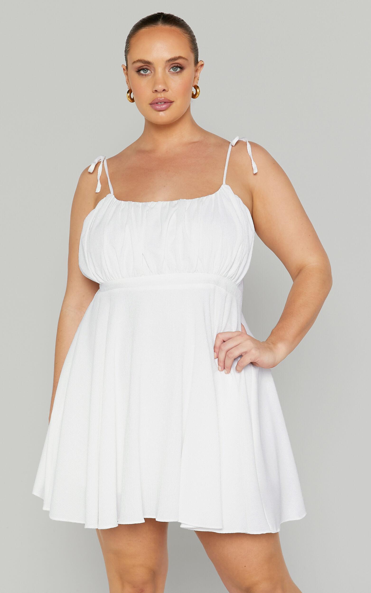 Aziah Mini Dress - Tie Shoulder Ruched Bodice Dress in White Product Image