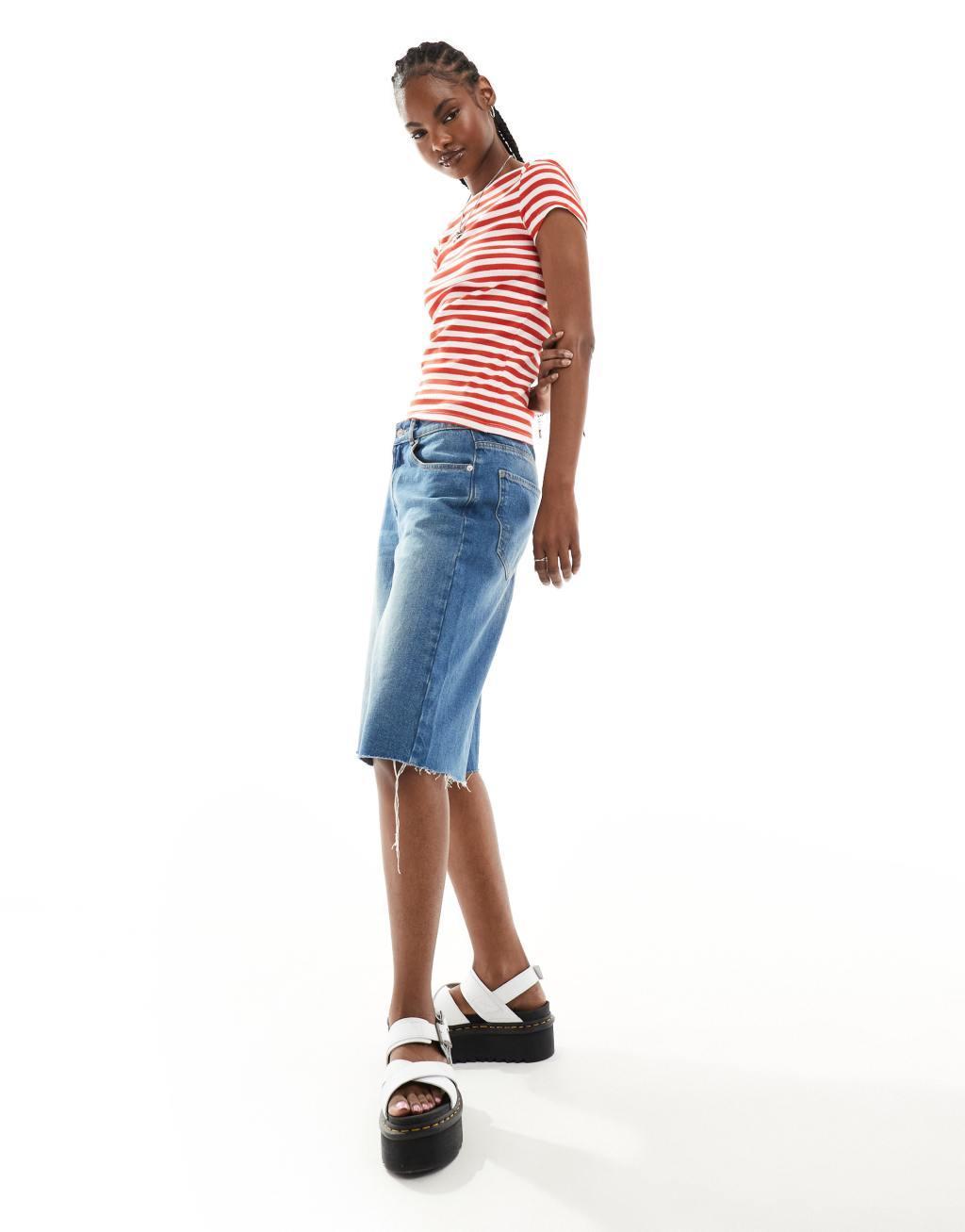 Monki fitted short sleeve top with boat neck in red and white stripes Product Image