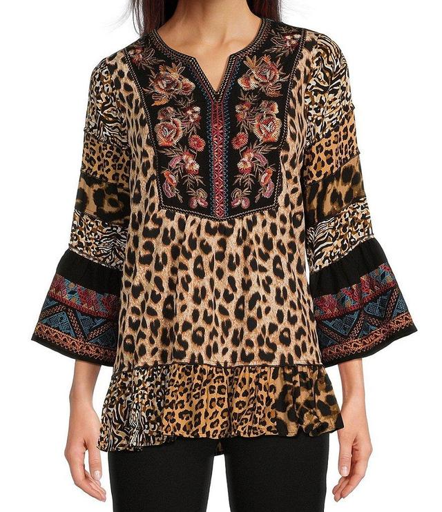 Calessa Petite Size Embroidered Patchwork Split Round Neckline 3/4 Sleeve Tunic Product Image