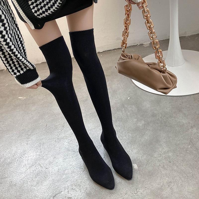 Block Heel Over-The-Knee Knit Boots Product Image