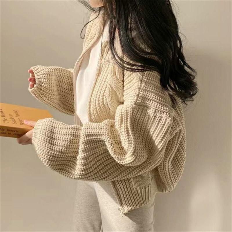 Round Neck Plain Cable Knit Zip Cardigan Product Image