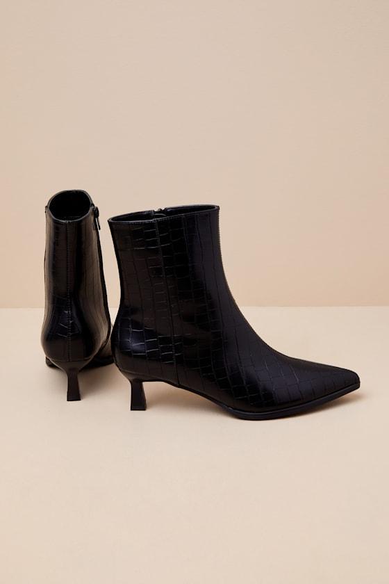 Portwood Black Croc-Embossed Kitten Heel Ankle Booties Product Image