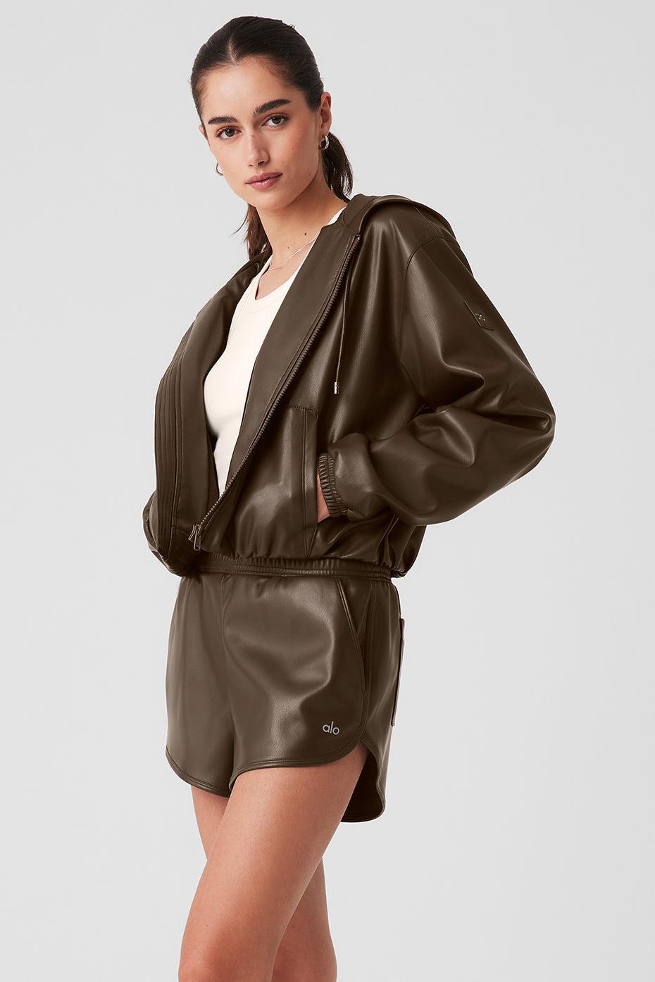 Faux Leather Power Hour Full Zip Cropped Jacket - Espresso Female Product Image