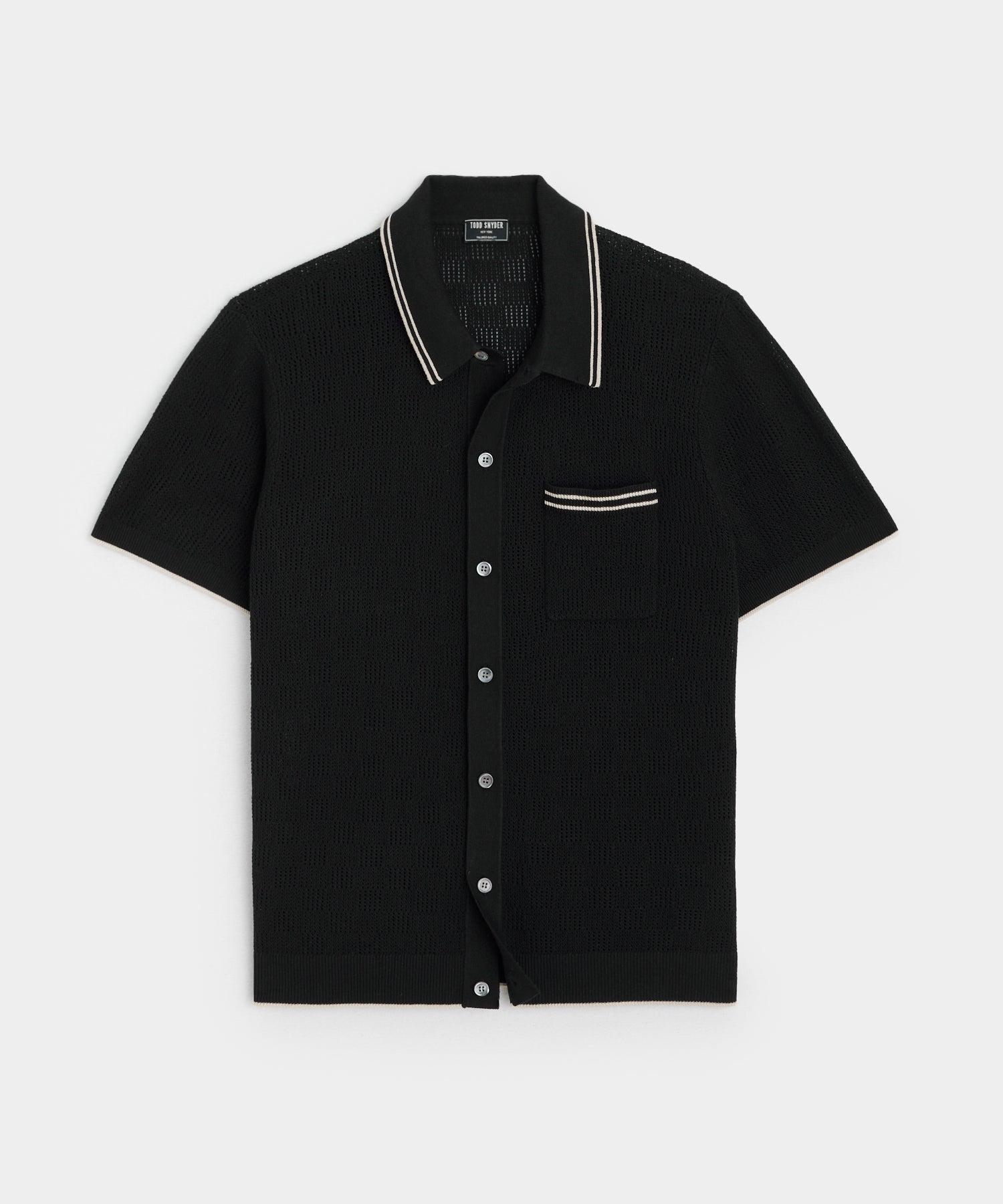 Open-Stitch Full-Placket Polo in Black Product Image