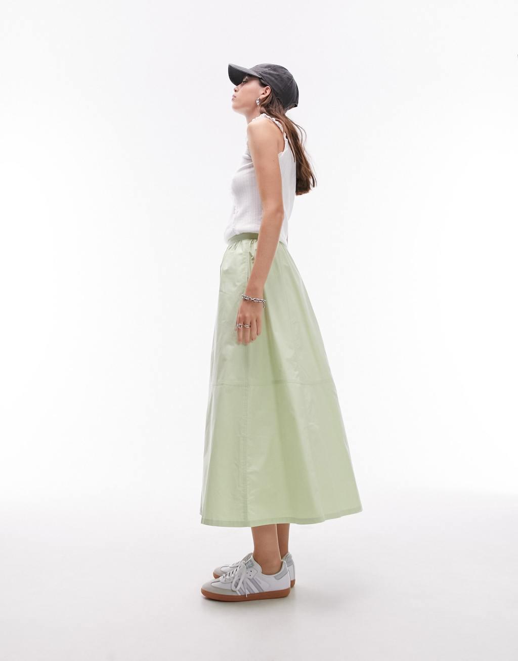 Topshop poplin midi full skirt in lime Product Image