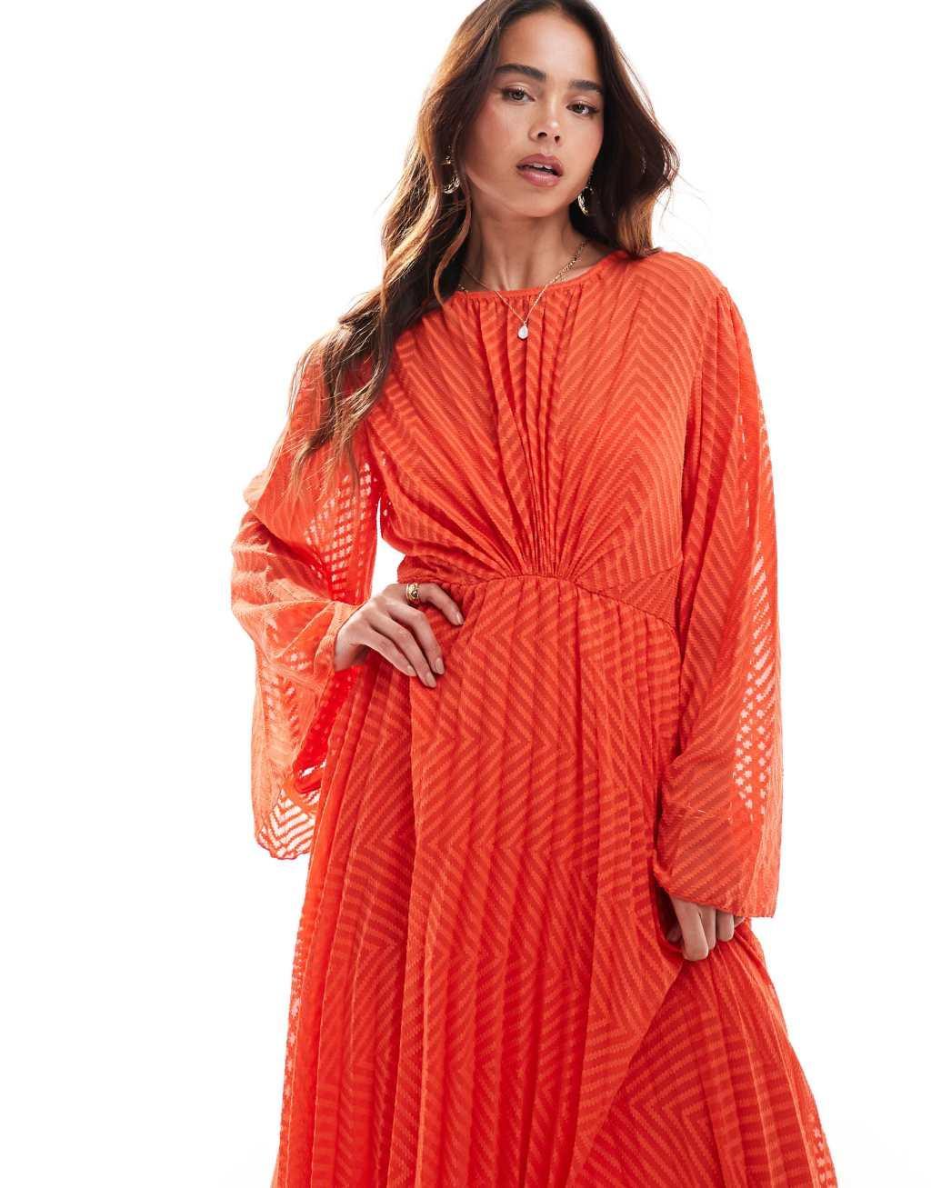 ASOS DESIGN tie back fluted sleeve pleated chevron chiffon midi dress in coral Product Image