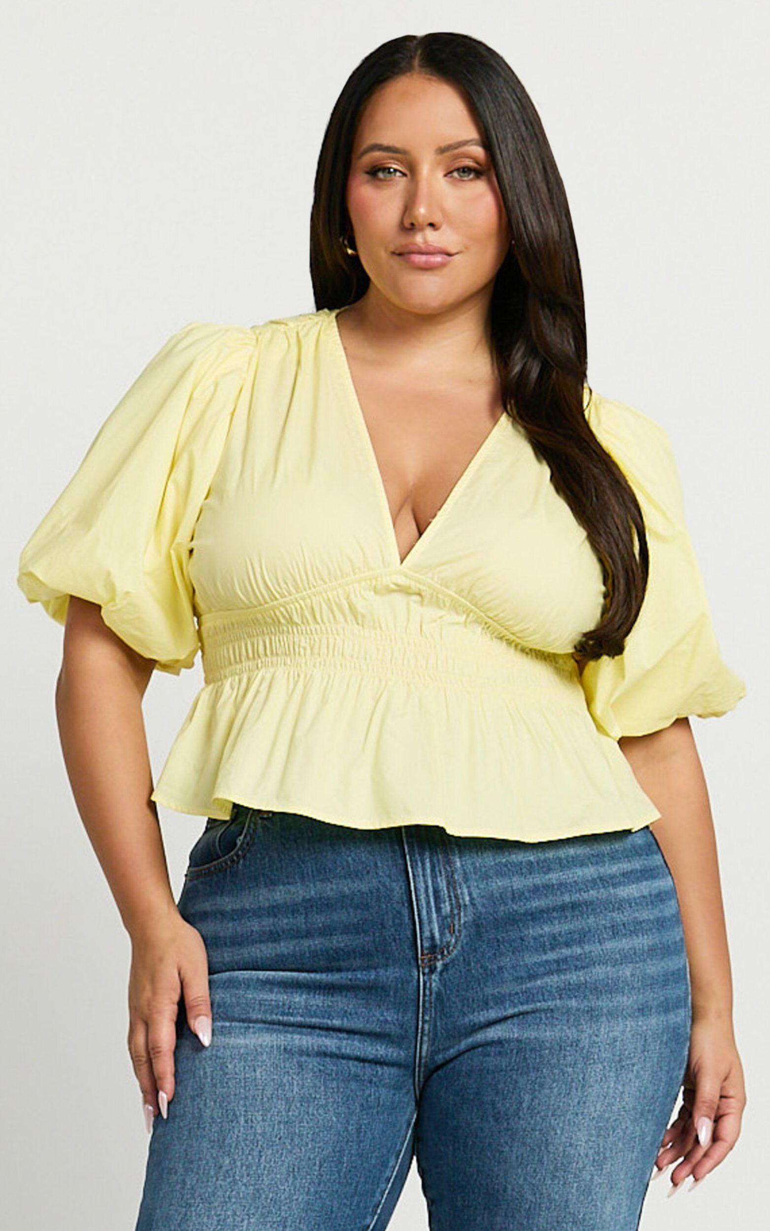 Mellie Top - Puff Sleeve Peplum Top in Yellow Product Image