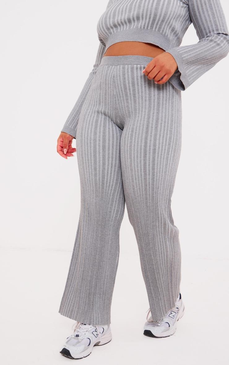 Plus Grey Rib Knitted Wide Leg Pants Product Image